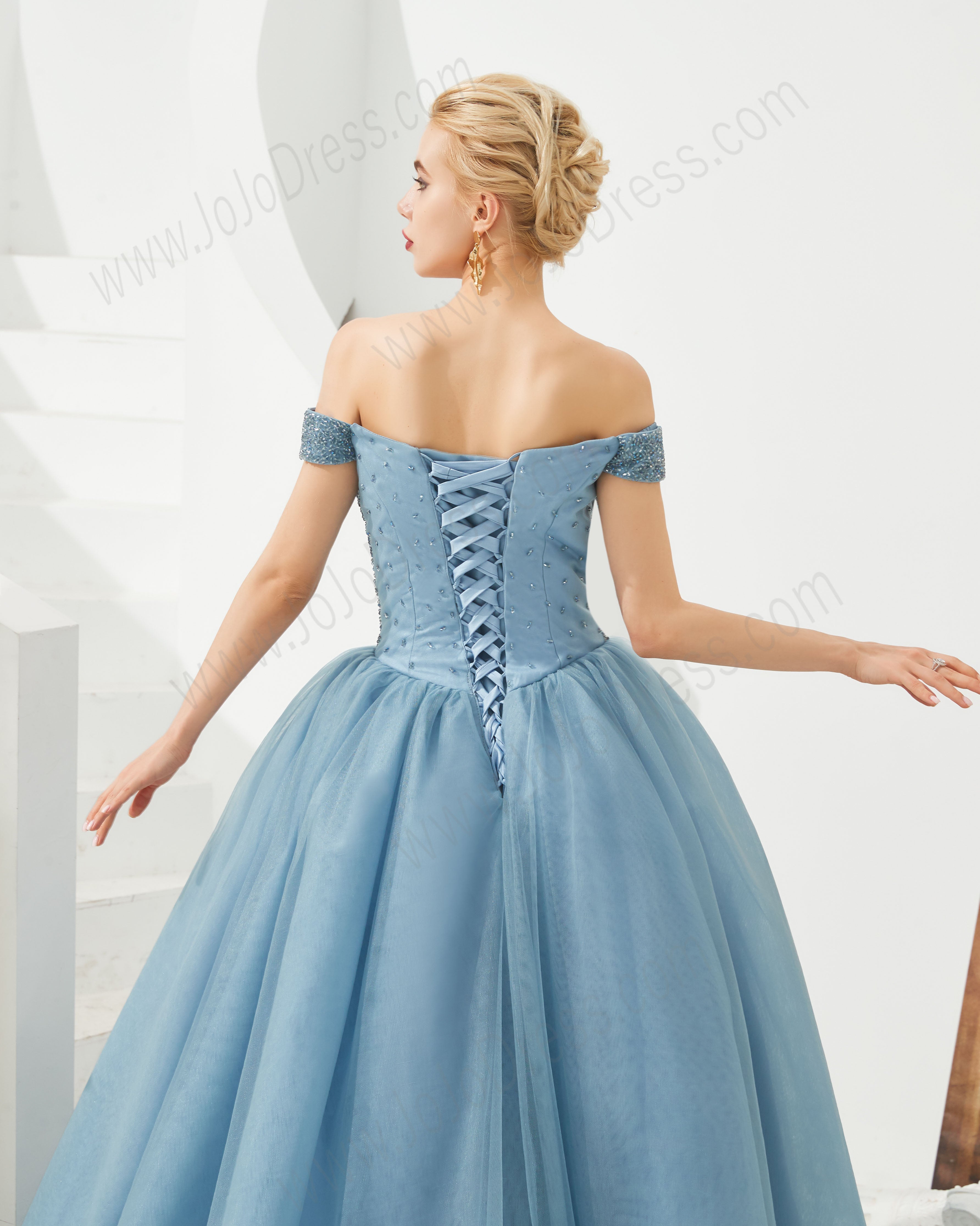Fairy Light Blue Ball Gown Prom Dress Formal With Off Shoulder Flowers  Wholesale #T69226 - GemGrace.com